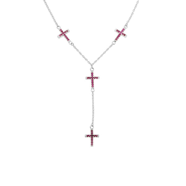 Collana in ARGENTO 925 con Croce Zirconi Rosso Rubino - Rodiato