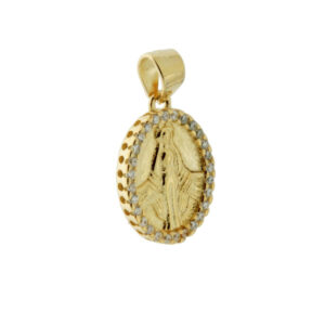 Ciondolo Medaglia Ovale  in ARGENTO 925 con Madonna Miracolosa e Zirconi 13.5 mm - galvanica Oro