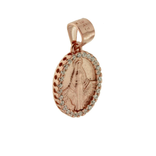 Ciondolo Medaglia Ovale in ARGENTO 925 Madonna Miracolosa con Zirconi Bianchi mm 15 - Galvanica Rosata