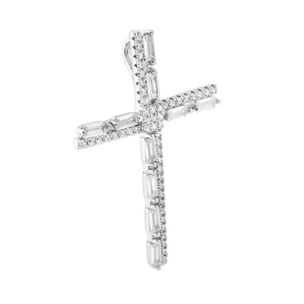 Ciondolo Croce  in ARGENTO 925 con Zirconi Bianchi Baguette - Rodiato