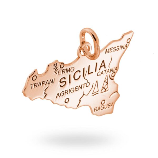 Ciondolo con sagoma plain a forma di Sicilia con incisione Province in Argento 925 Galvanica Rosata