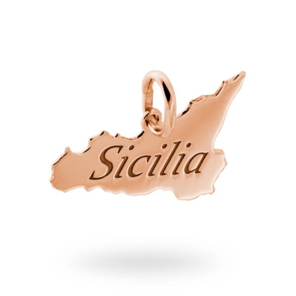 Ciondolo con sagoma plain a forma di Sicilia con incisione Sicilia in Argento 925 Galvanica Rosata