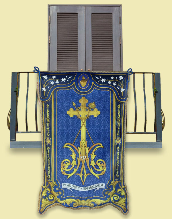 Drappo Grande Velluto - Drappo Bandiera processionale da Balcone con Passamaneria dorata - Quaresima con simbologia crocifissione