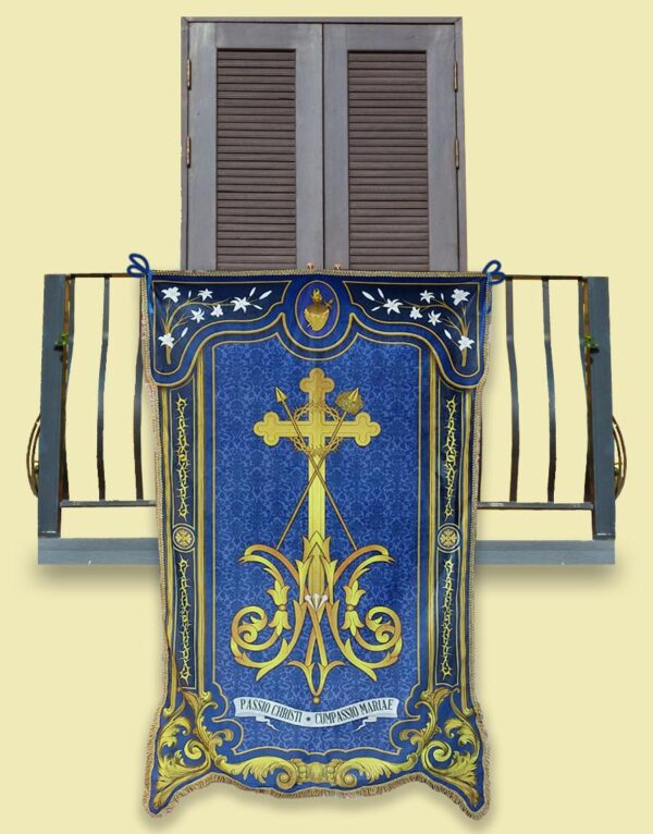 EDQC2 62a1ca61c2dcd4d0bdc27b13 - Drappo Bandiera processionale da Balcone con Passamaneria dorata - Quaresima con simbologia crocifissione