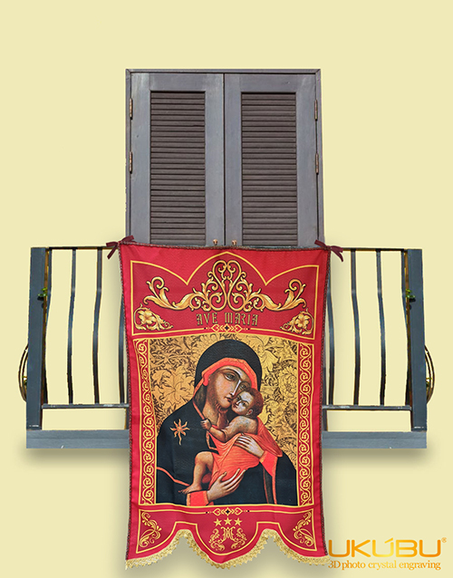 1 1 - Drappo Bandiera processionale da Balcone con Passamaneria in cotone colore oro - Madonna del Carmelo mod.5