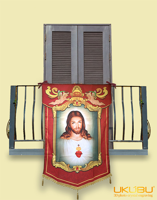 1 - Drappo Bandiera processionale da Balcone con Passamaneria in cotone colore oro - Sacro Cuore di Gesù