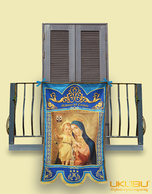 Madonna del Carmelo mod.3 1 - Drappo Bandiera processionale da Balcone con Passamaneria in cotone colore oro - Madonna del Carmelo mod.3