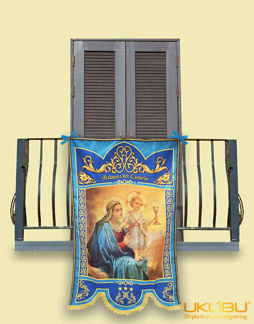 Madonna del Carmelo mod.4 1 - Drappo Bandiera processionale da Balcone con Passamaneria in cotone colore oro - Madonna del Carmelo mod.4