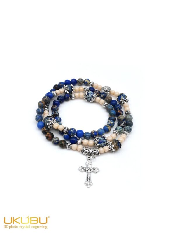 PTER6ML8 6343e222c2dced2e5e5bb4d1 - Bracciale rosario elasticizzato con grani in pietra imperatore blu 6mm con Madonna Miracolosa