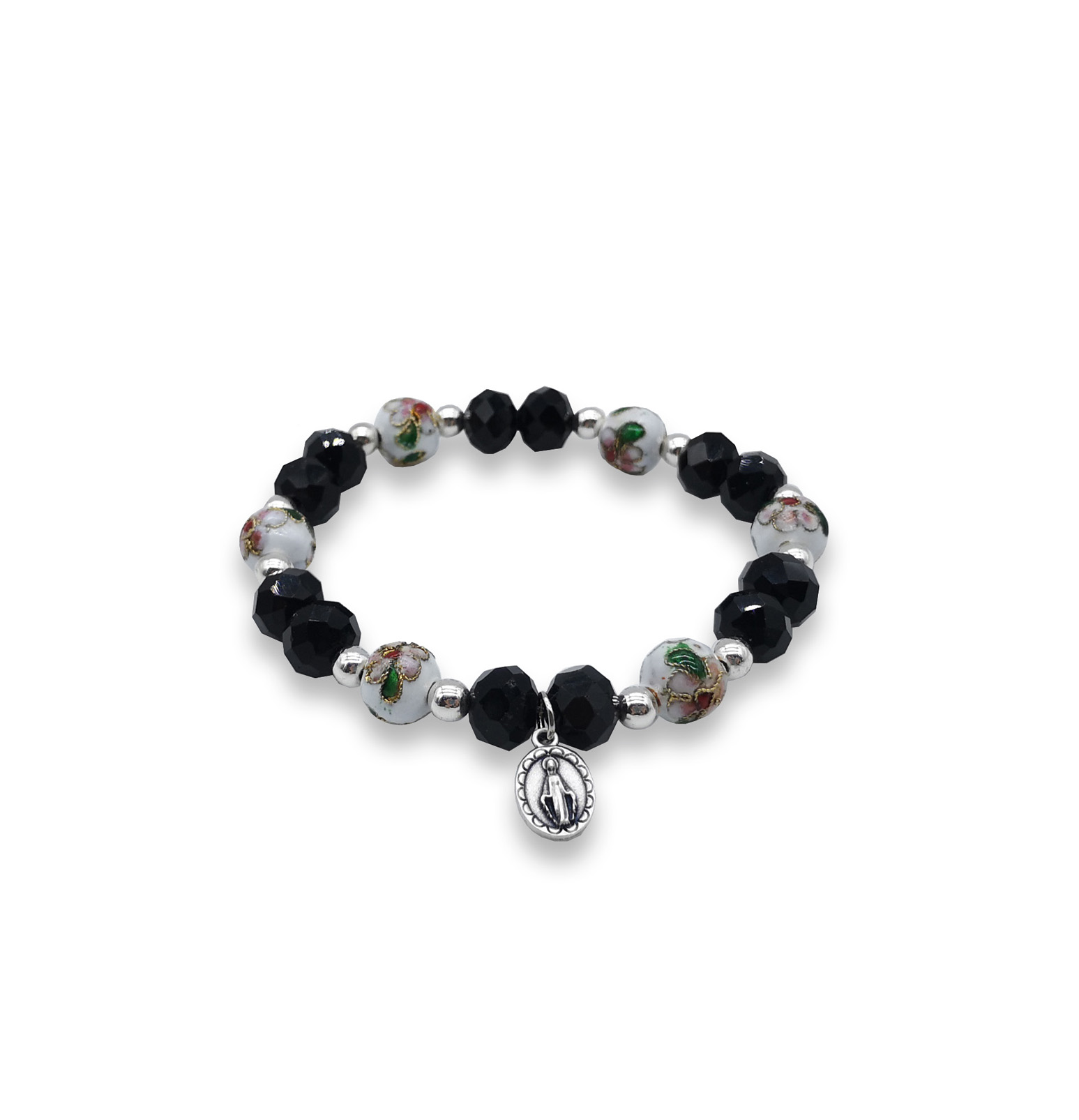 Bracciale elasticizzato con Crystal nero e cloisonnè bianco