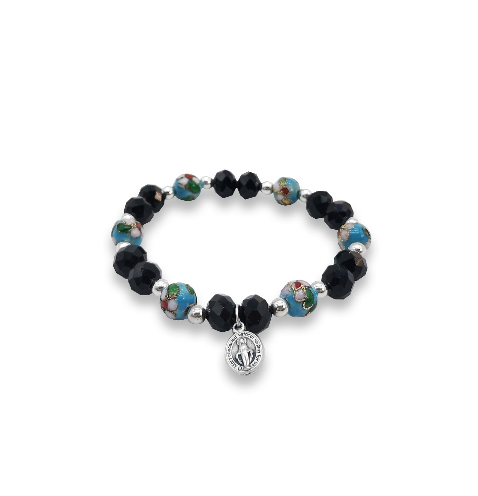 Bracciale elasticizzato con Crystal nero e cloisonnè azzurro