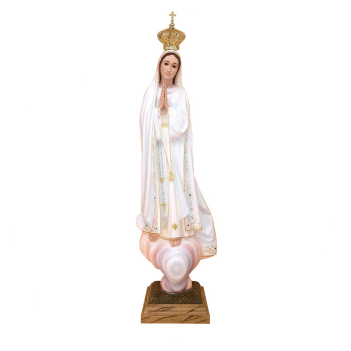 Statua Madonna di Fatima in polistirolo riciclato con motivi decorati color oro e strass colorati completa di corona Occhi di cristallo Dimensioni: 65 cm Pittura classica interamente dipinta a mano Corona removibile