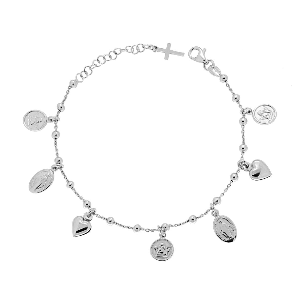 Bracciale con catena e Palline mm 3 con Charms Sacri e Cuori pendenti in ARGENTO 925 Galvanica Rodio