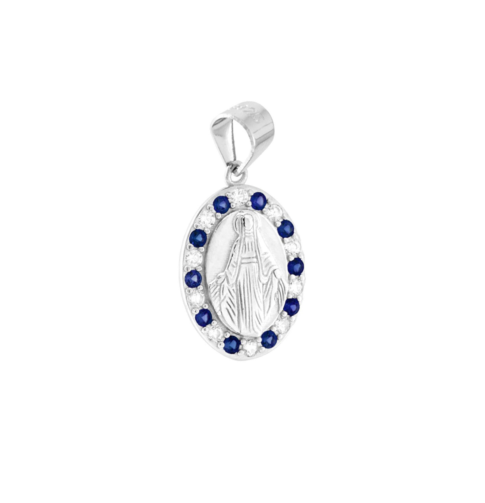 Ciondolo Madonna Miracolosa con Zirconia Blu Zaffiro e Bianchi