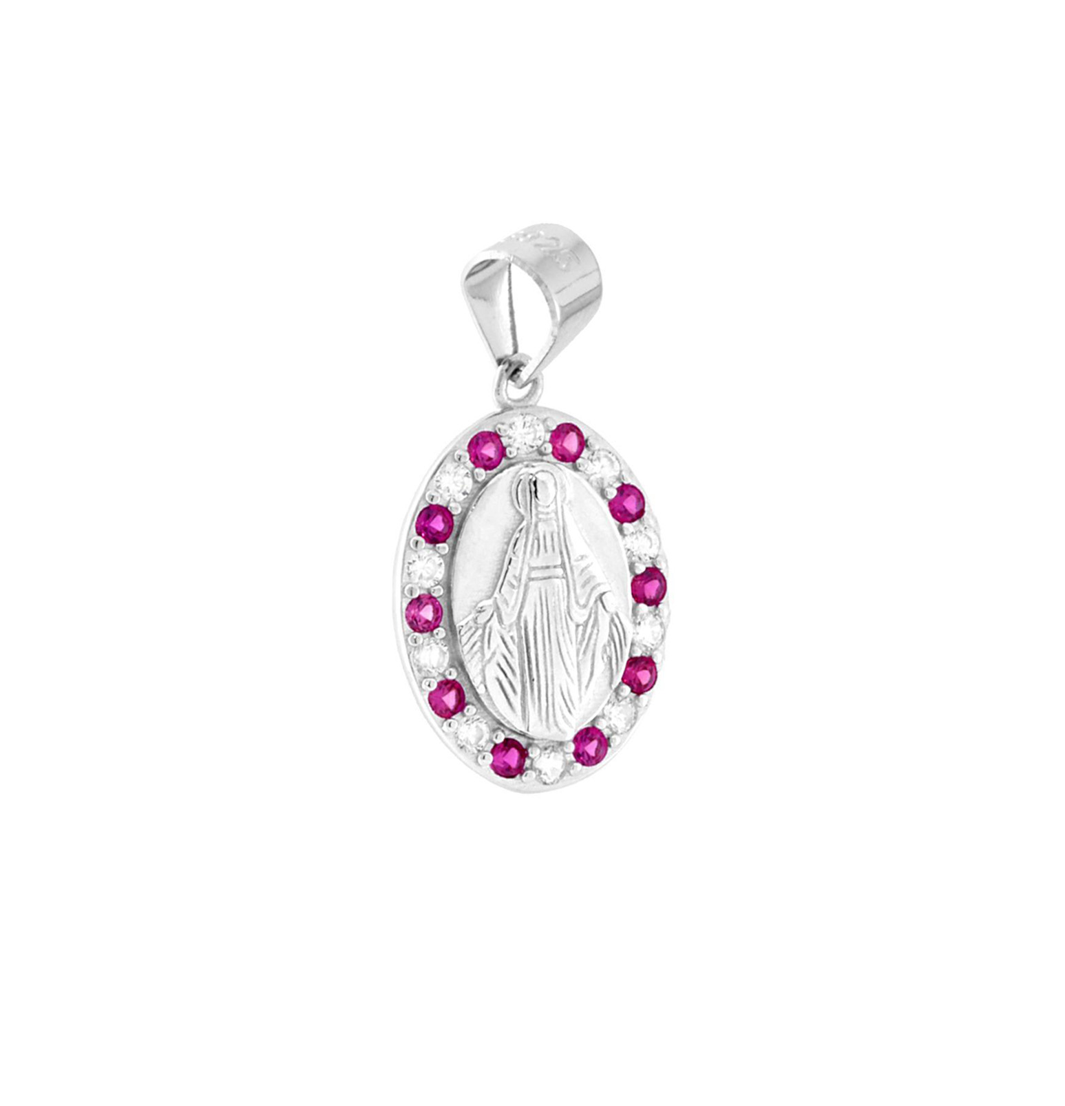 Ciondolo Madonna Miracolosa con Zirconia Fucsia e Bianchi